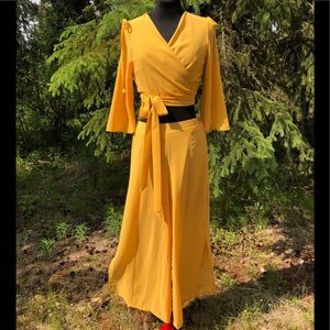 NEW Goldenrod Chiffon Wrap Tie Top Slit Leg Loose Pant Cold Shoulder Set XS/S